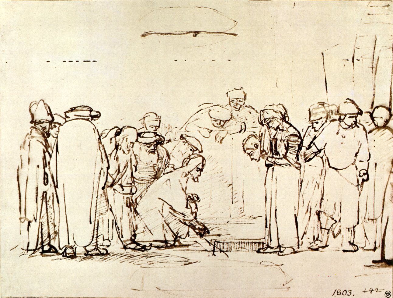 Historical sketch drawing showing simplified lines capturing the essence of a detailed scene